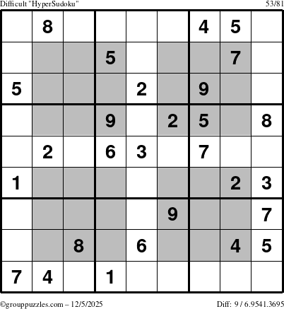 The grouppuzzles.com Difficult HyperSudoku puzzle for Friday December 5, 2025