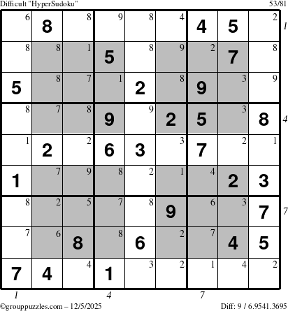 The grouppuzzles.com Difficult HyperSudoku puzzle for Friday December 5, 2025, suitable for printing, with all 9 steps marked