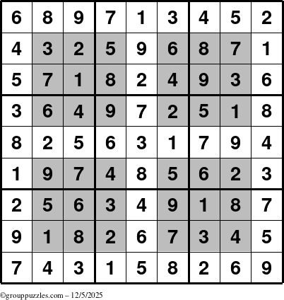 The grouppuzzles.com Answer grid for the HyperSudoku puzzle for Friday December 5, 2025