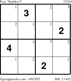 The grouppuzzles.com Easy Sudoku-4 puzzle for Sunday June 8, 2025 with the first 3 steps marked