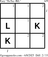 The grouppuzzles.com Easy TicTac-JKL puzzle for Sunday June 8, 2025 with all 2 steps marked
