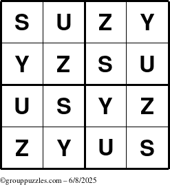 The grouppuzzles.com Answer grid for the Suzy puzzle for Sunday June 8, 2025