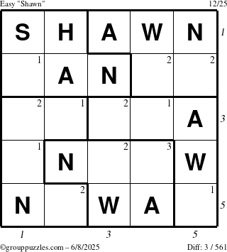 The grouppuzzles.com Easy Shawn puzzle for Sunday June 8, 2025 with all 3 steps marked