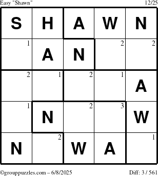 The grouppuzzles.com Easy Shawn puzzle for Sunday June 8, 2025 with the first 3 steps marked