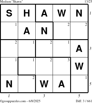 The grouppuzzles.com Medium Shawn puzzle for Sunday June 8, 2025 with all 3 steps marked