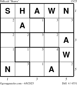The grouppuzzles.com Difficult Shawn puzzle for Sunday June 8, 2025 with all 4 steps marked