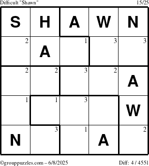 The grouppuzzles.com Difficult Shawn puzzle for Sunday June 8, 2025 with the first 3 steps marked