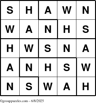 The grouppuzzles.com Answer grid for the Shawn puzzle for Sunday June 8, 2025