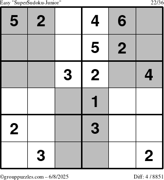 The grouppuzzles.com Easy SuperSudoku-Junior puzzle for Sunday June 8, 2025