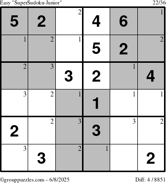 The grouppuzzles.com Easy SuperSudoku-Junior puzzle for Sunday June 8, 2025 with the first 3 steps marked