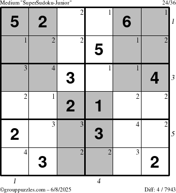 The grouppuzzles.com Medium SuperSudoku-Junior puzzle for Sunday June 8, 2025 with all 4 steps marked