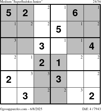 The grouppuzzles.com Medium SuperSudoku-Junior puzzle for Sunday June 8, 2025 with the first 3 steps marked