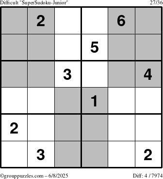 The grouppuzzles.com Difficult SuperSudoku-Junior puzzle for Sunday June 8, 2025
