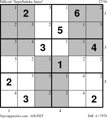The grouppuzzles.com Difficult SuperSudoku-Junior puzzle for Sunday June 8, 2025 with all 4 steps marked