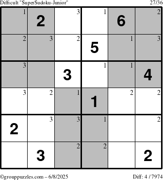The grouppuzzles.com Difficult SuperSudoku-Junior puzzle for Sunday June 8, 2025 with the first 3 steps marked