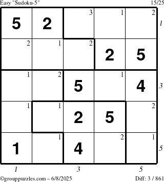 The grouppuzzles.com Easy Sudoku-5 puzzle for Sunday June 8, 2025, suitable for printing, with all 3 steps marked