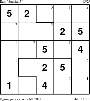 The grouppuzzles.com Easy Sudoku-5 puzzle for Sunday June 8, 2025 with the first 3 steps marked