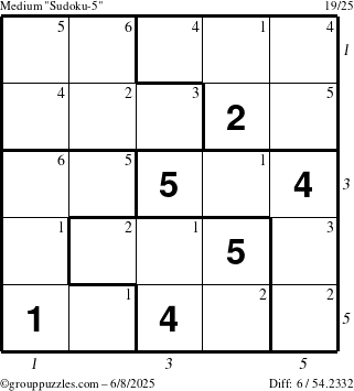 The grouppuzzles.com Medium Sudoku-5 puzzle for Sunday June 8, 2025 with all 6 steps marked