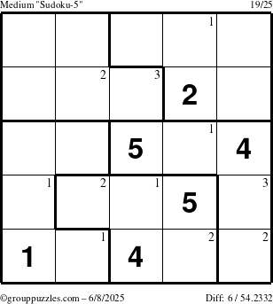 The grouppuzzles.com Medium Sudoku-5 puzzle for Sunday June 8, 2025 with the first 3 steps marked