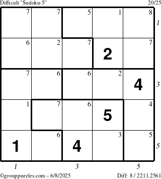 The grouppuzzles.com Difficult Sudoku-5 puzzle for Sunday June 8, 2025 with all 8 steps marked