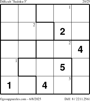 The grouppuzzles.com Difficult Sudoku-5 puzzle for Sunday June 8, 2025 with the first 3 steps marked