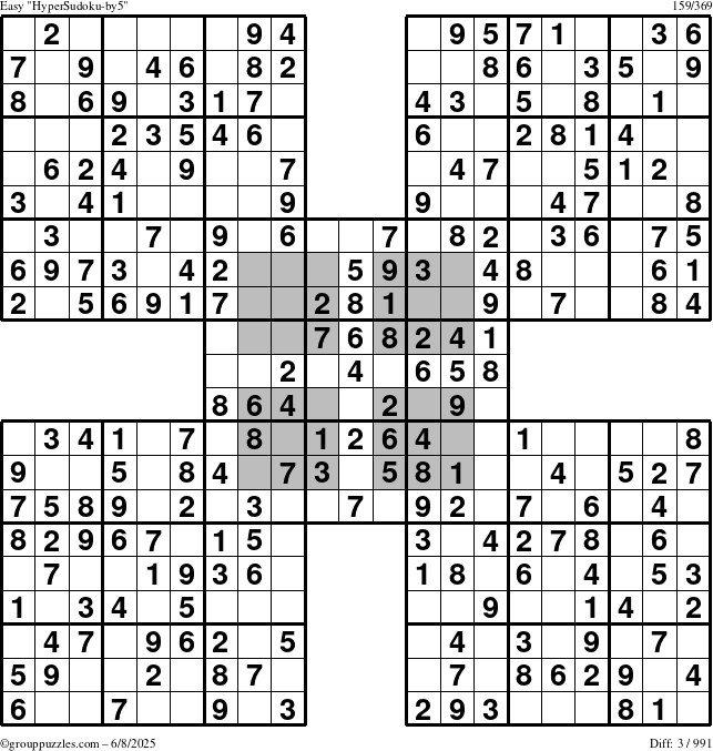 The grouppuzzles.com Easy HyperSudoku-by5 puzzle for Sunday June 8, 2025