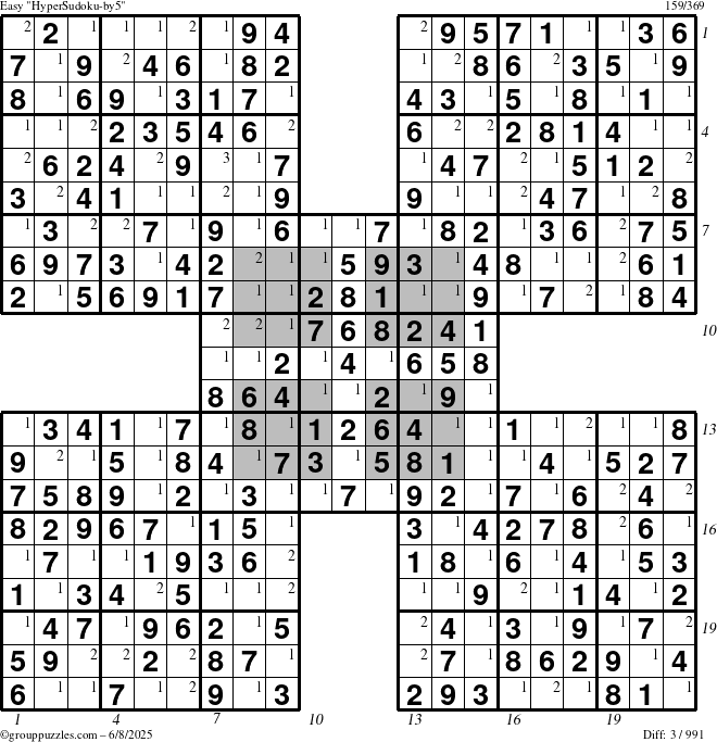 The grouppuzzles.com Easy HyperSudoku-by5 puzzle for Sunday June 8, 2025 with all 3 steps marked