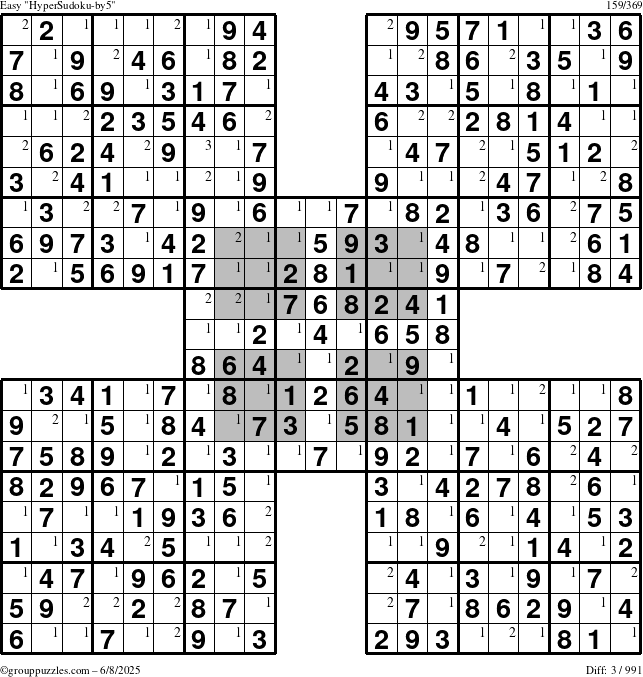 The grouppuzzles.com Easy HyperSudoku-by5 puzzle for Sunday June 8, 2025 with the first 3 steps marked