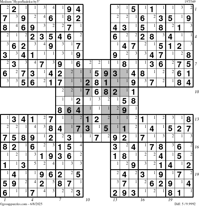 The grouppuzzles.com Medium HyperSudoku-by5 puzzle for Sunday June 8, 2025 with all 5 steps marked