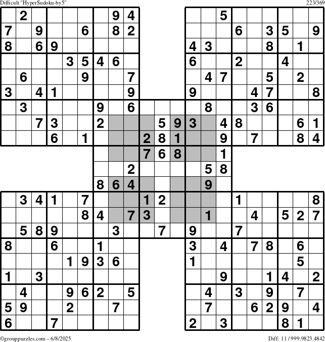 The grouppuzzles.com Difficult HyperSudoku-by5 puzzle for Sunday June 8, 2025