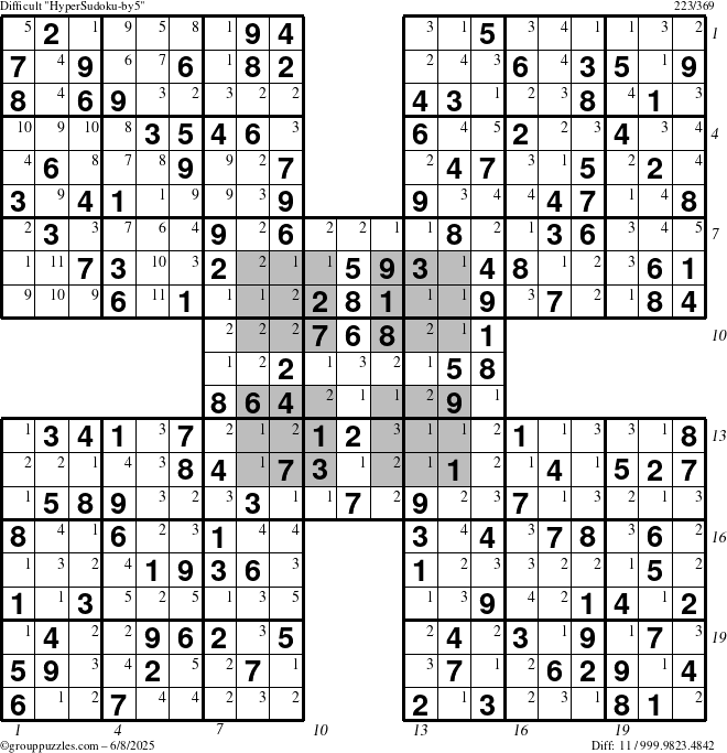 The grouppuzzles.com Difficult HyperSudoku-by5 puzzle for Sunday June 8, 2025 with all 11 steps marked