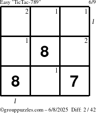 The grouppuzzles.com Easy TicTac-789 puzzle for Sunday June 8, 2025 with all 2 steps marked