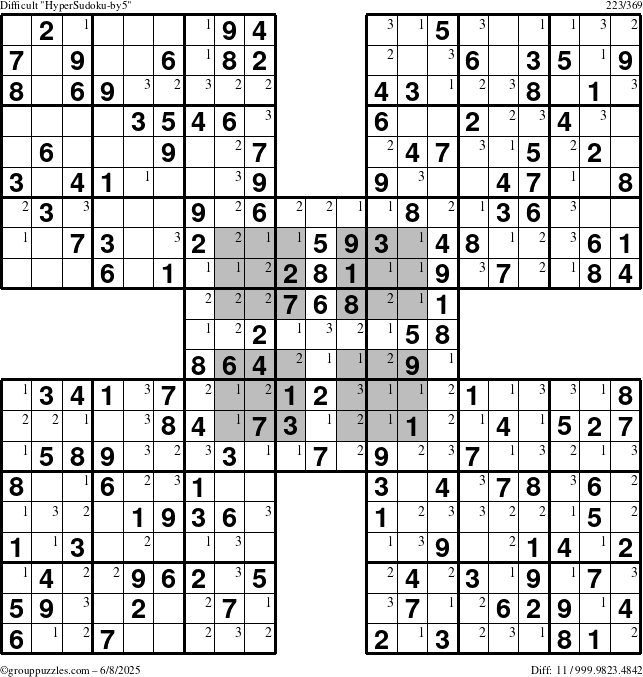 The grouppuzzles.com Difficult HyperSudoku-by5 puzzle for Sunday June 8, 2025 with the first 3 steps marked