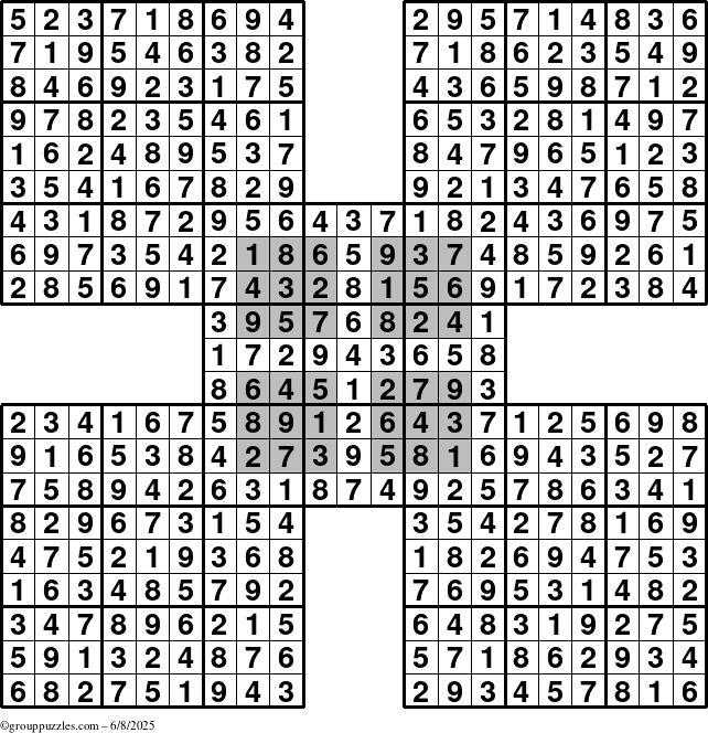 The grouppuzzles.com Answer grid for the HyperSudoku-by5 puzzle for Sunday June 8, 2025