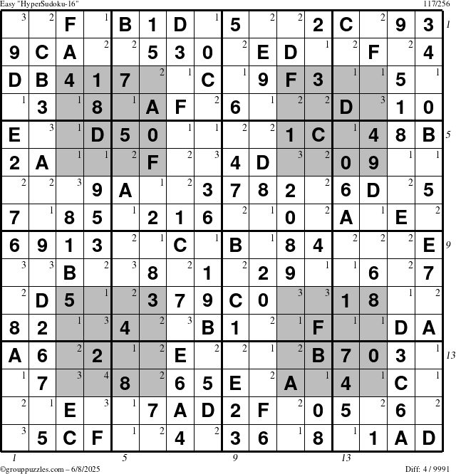 The grouppuzzles.com Easy HyperSudoku-16 puzzle for Sunday June 8, 2025 with all 4 steps marked