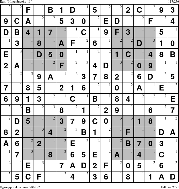 The grouppuzzles.com Easy HyperSudoku-16 puzzle for Sunday June 8, 2025 with the first 3 steps marked