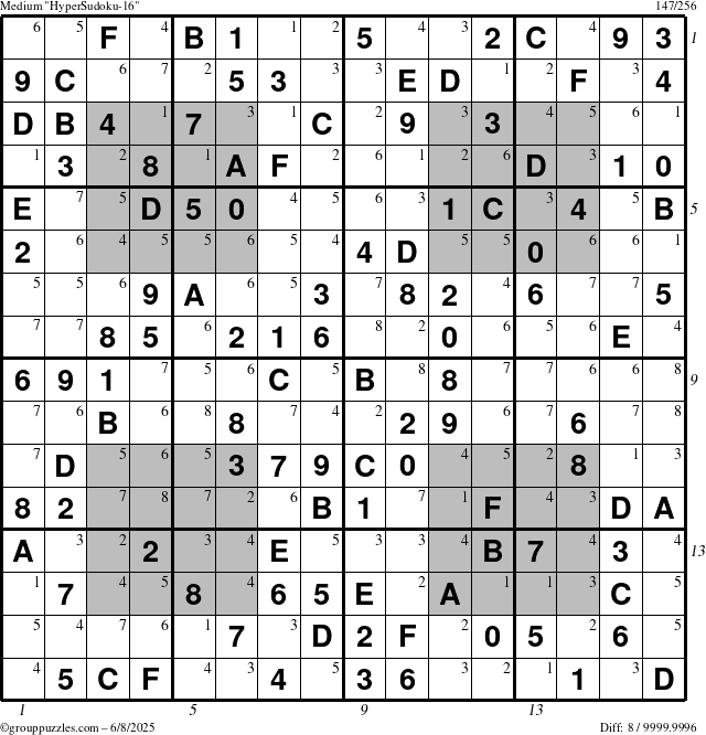 The grouppuzzles.com Medium HyperSudoku-16 puzzle for Sunday June 8, 2025 with all 8 steps marked