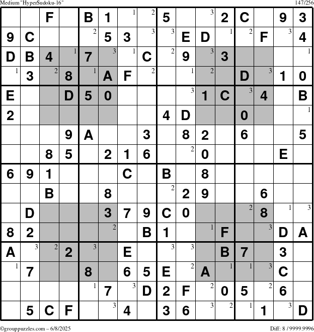 The grouppuzzles.com Medium HyperSudoku-16 puzzle for Sunday June 8, 2025 with the first 3 steps marked