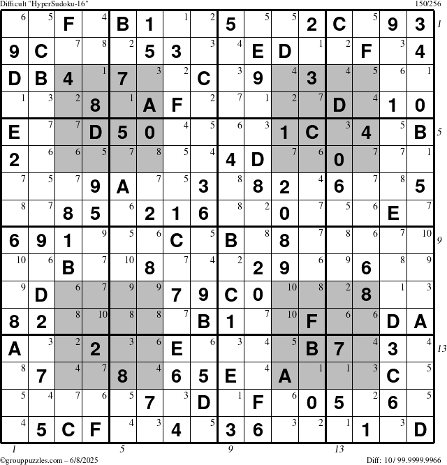 The grouppuzzles.com Difficult HyperSudoku-16 puzzle for Sunday June 8, 2025 with all 10 steps marked
