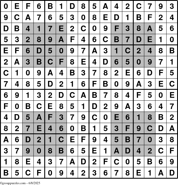 The grouppuzzles.com Answer grid for the HyperSudoku-16 puzzle for Sunday June 8, 2025