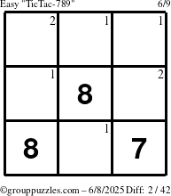The grouppuzzles.com Easy TicTac-789 puzzle for Sunday June 8, 2025 with the first 2 steps marked