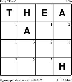 The grouppuzzles.com Easy Thea puzzle for Monday December 8, 2025 with the first 3 steps marked