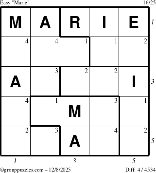 The grouppuzzles.com Easy Marie puzzle for Monday December 8, 2025 with all 4 steps marked
