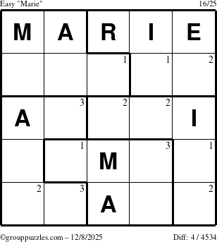 The grouppuzzles.com Easy Marie puzzle for Monday December 8, 2025 with the first 3 steps marked
