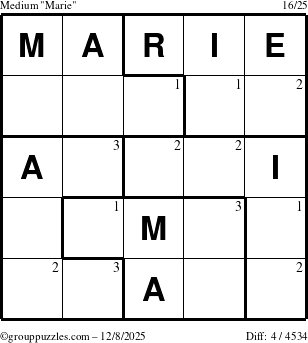 The grouppuzzles.com Medium Marie puzzle for Monday December 8, 2025 with the first 3 steps marked
