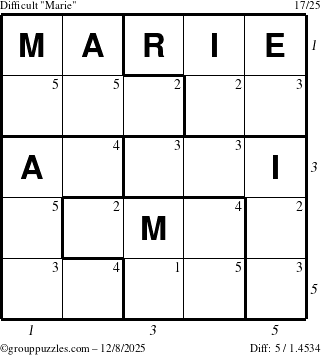 The grouppuzzles.com Difficult Marie puzzle for Monday December 8, 2025 with all 5 steps marked