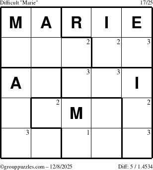 The grouppuzzles.com Difficult Marie puzzle for Monday December 8, 2025 with the first 3 steps marked