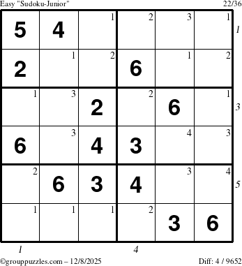 The grouppuzzles.com Easy Sudoku-Junior puzzle for Monday December 8, 2025, suitable for printing, with all 4 steps marked