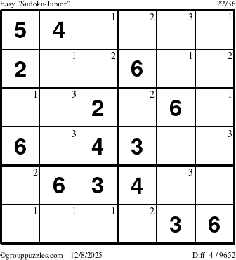 The grouppuzzles.com Easy Sudoku-Junior puzzle for Monday December 8, 2025 with the first 3 steps marked