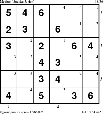 The grouppuzzles.com Medium Sudoku-Junior puzzle for Monday December 8, 2025 with all 5 steps marked